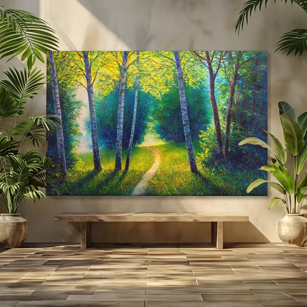 Tablou canvas cu tablou canvas cu alee prin padurea verde, fara rama, pe sasiu de lemn